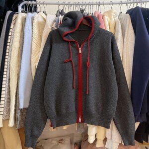 Gray Knit Zip Hoodie Red Trim Cardigan